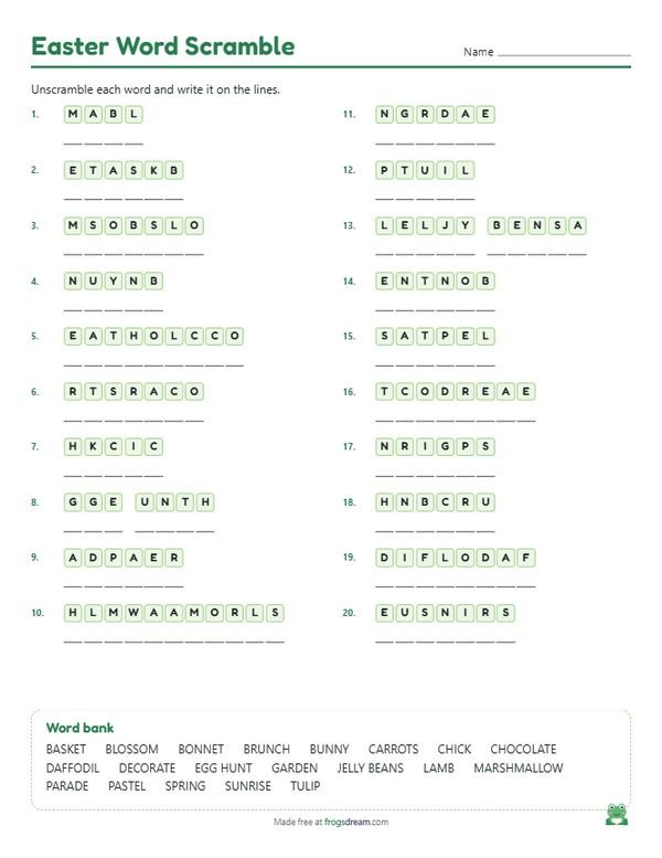 Easter Word Scramble: free printable word scramble worksheet from frogsdream