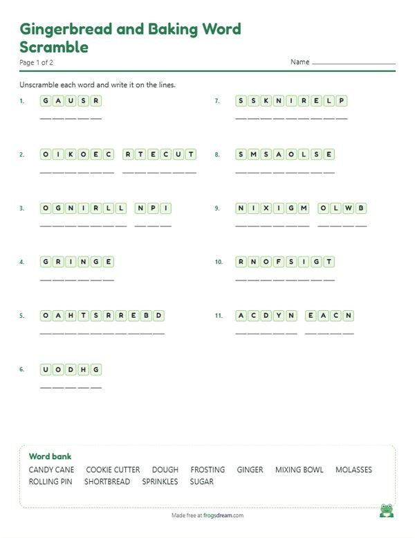 Gingerbread and Baking Word Scramble: free printable word scramble worksheet from frogsdream