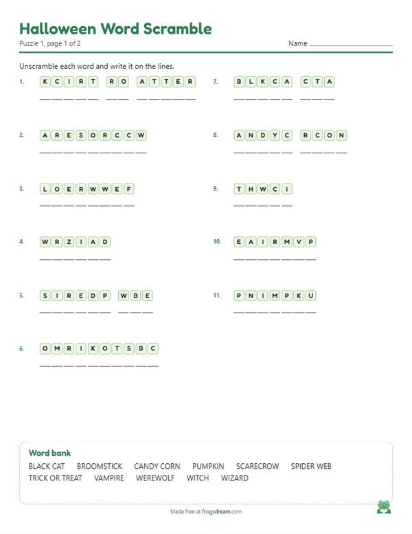 Halloween Word Scramble: free printable word scramble worksheet from frogsdream
