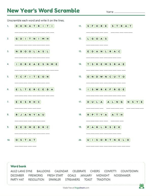 New Year's Word Scramble: free printable word scramble worksheet from frogsdream