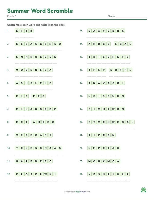Summer Word Scramble: free printable word scramble worksheet from frogsdream
