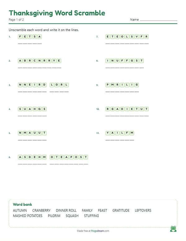 Thanksgiving Word Scramble: free printable word scramble worksheet from frogsdream