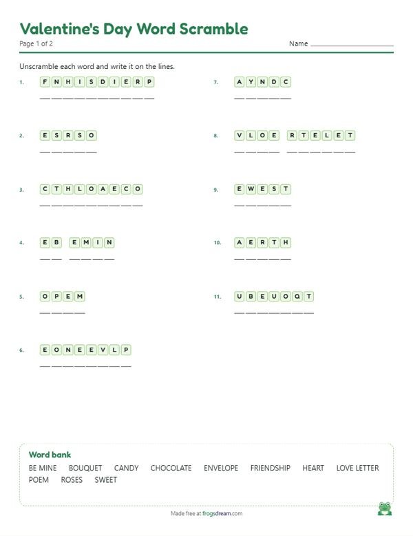 Valentine's Day Word Scramble: free printable word scramble worksheet from frogsdream