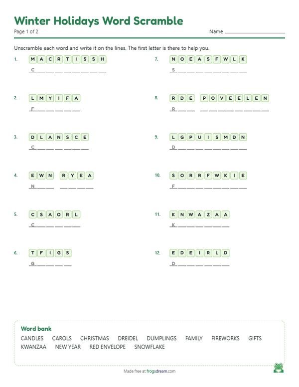 Winter Holidays Word Scramble: free printable word scramble worksheet from frogsdream