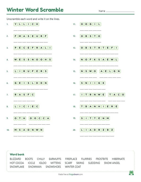 Winter Word Scramble: free printable word scramble worksheet from frogsdream