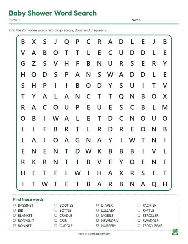 Baby Shower Word Search: free printable word search puzzle from frogsdream