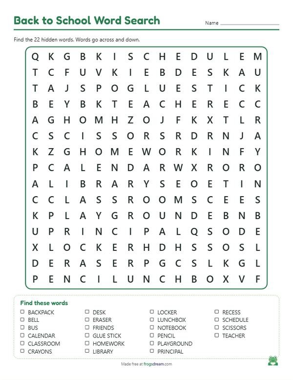 Back to School Word Search: free printable word search puzzle from frogsdream