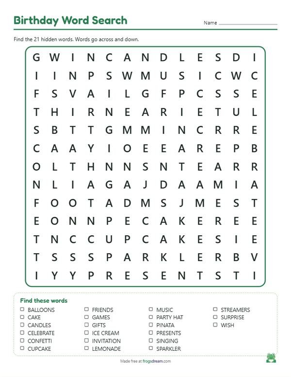 Birthday Word Search: free printable word search puzzle from frogsdream