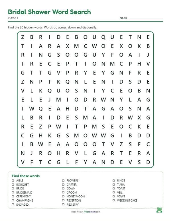 Bridal Shower Word Search: free printable word search puzzle from frogsdream