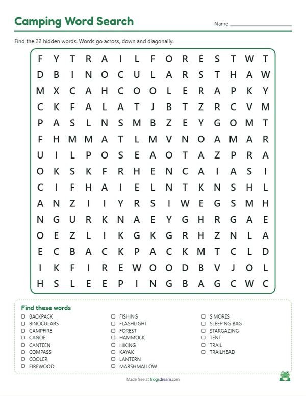 Camping Word Search: free printable word search puzzle from frogsdream