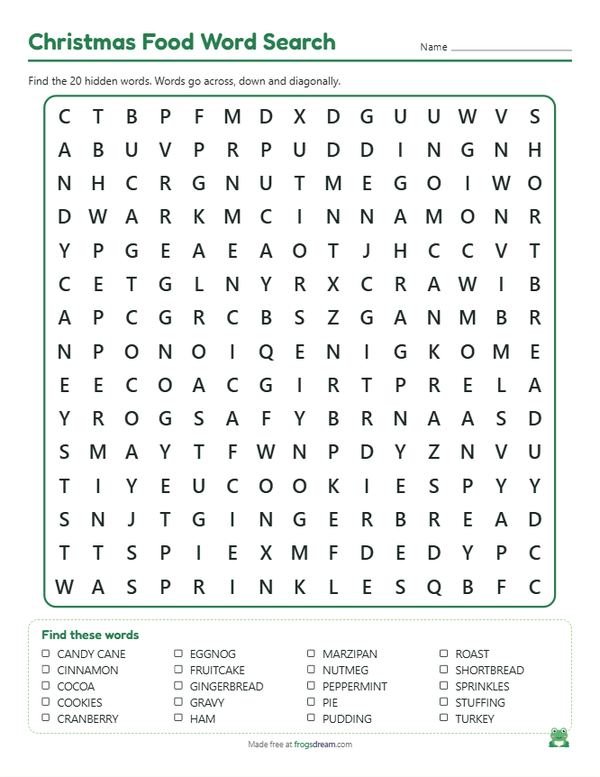 Christmas Food Word Search: free printable word search puzzle from frogsdream