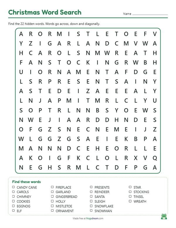 Christmas Word Search: free printable word search puzzle from frogsdream