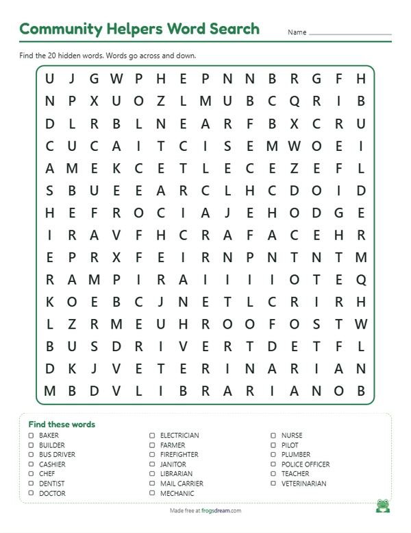 Community Helpers Word Search: free printable word search puzzle from frogsdream