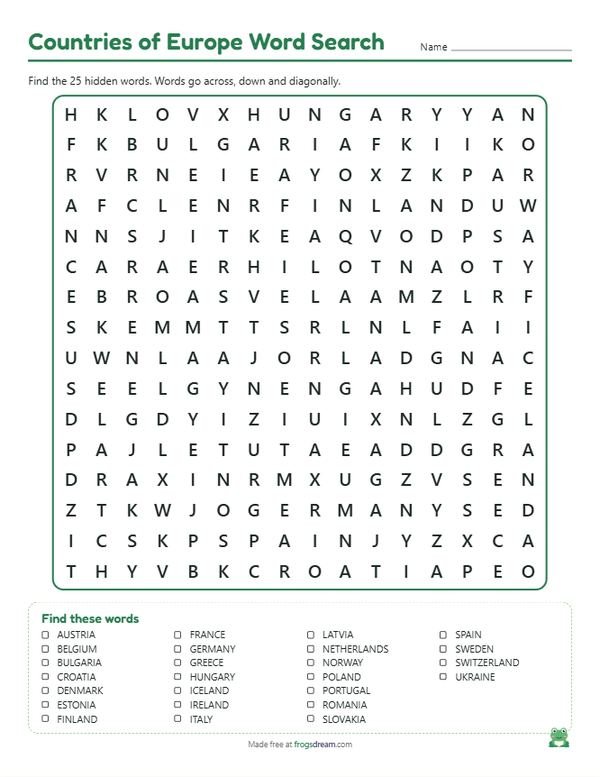 Countries of Europe Word Search: free printable word search puzzle from frogsdream
