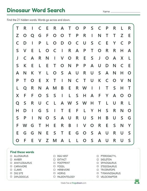 Dinosaur Word Search: free printable word search puzzle from frogsdream