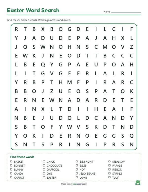 Easter Word Search: free printable word search puzzle from frogsdream
