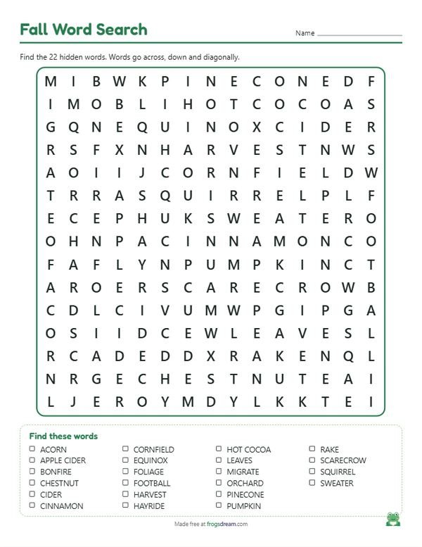 Fall Word Search: free printable word search puzzle from frogsdream