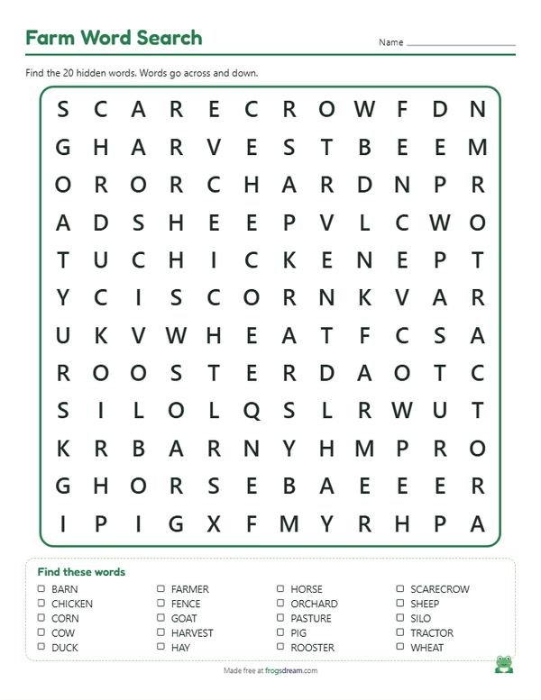 Farm Word Search: free printable word search puzzle from frogsdream