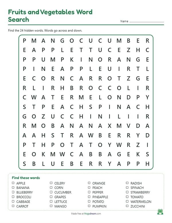 Fruits and Vegetables Word Search: free printable word search puzzle from frogsdream