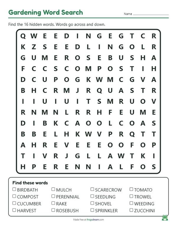 Gardening Word Search: free printable word search puzzle from frogsdream