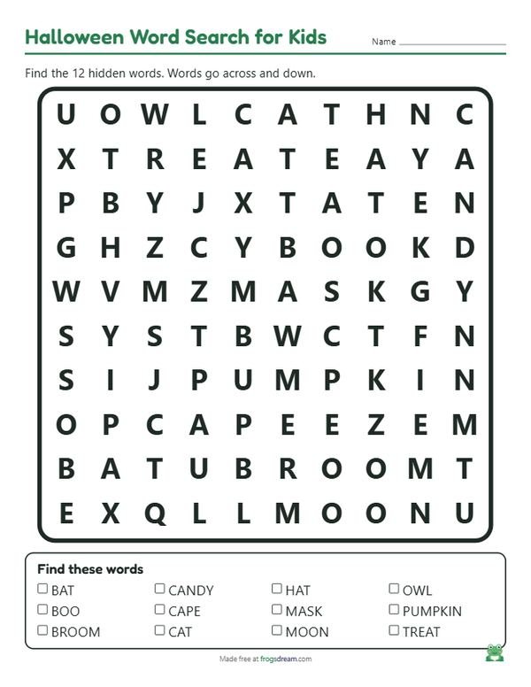 Easy Halloween Word Search for Kids: free printable word search puzzle from frogsdream