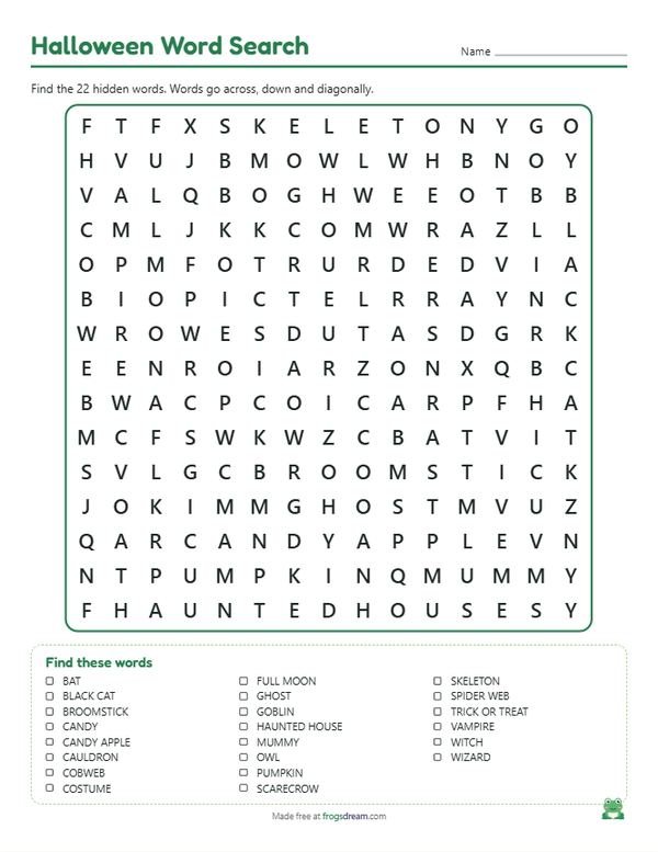 Halloween Word Search: free printable word search puzzle from frogsdream