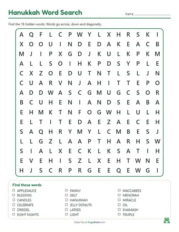 Hanukkah Word Search: free printable word search puzzle from frogsdream