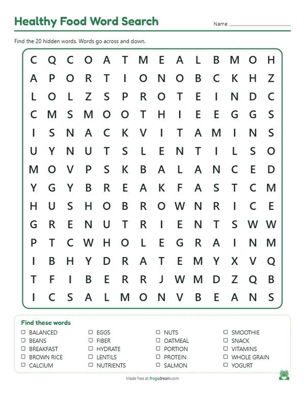 Healthy Food Word Search: free printable word search puzzle from frogsdream