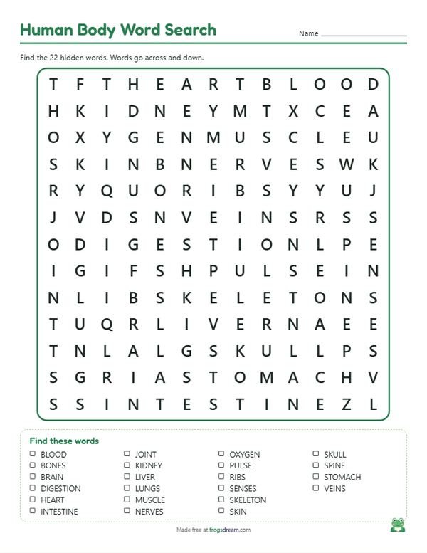 Human Body Word Search: free printable word search puzzle from frogsdream
