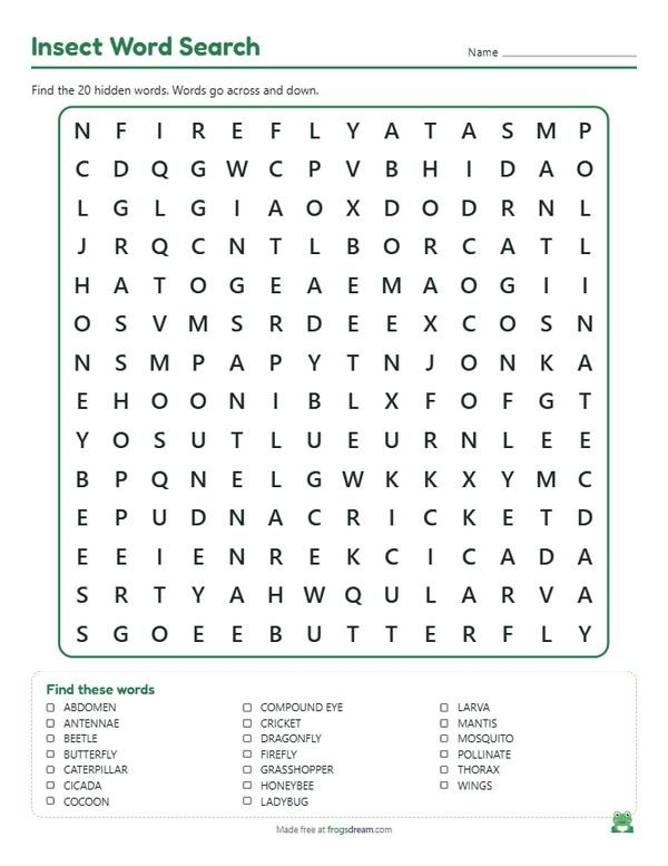 Insect Word Search: free printable word search puzzle from frogsdream
