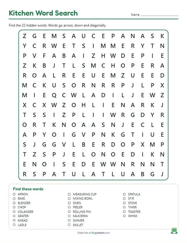 Kitchen Word Search: free printable word search puzzle from frogsdream