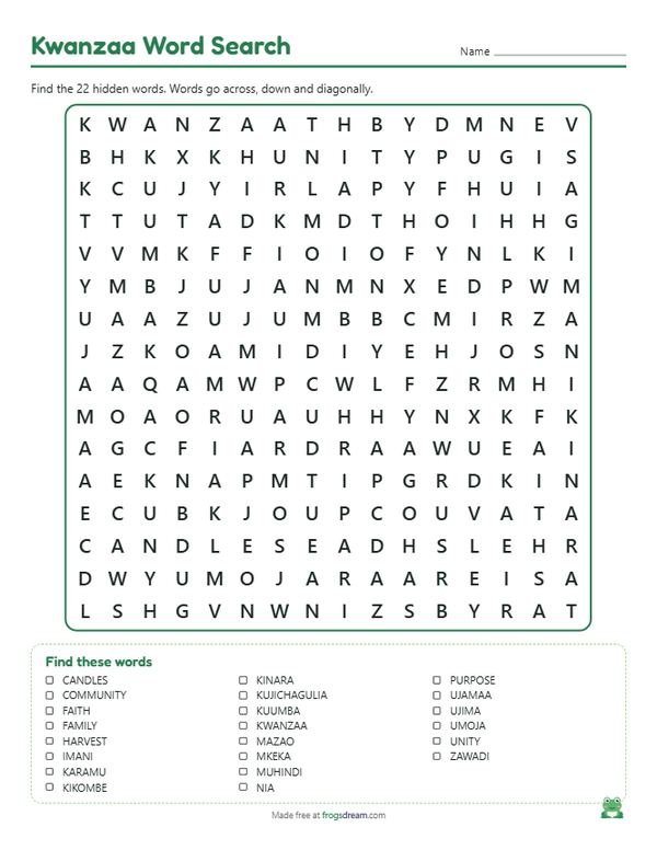 Kwanzaa Word Search: free printable word search puzzle from frogsdream