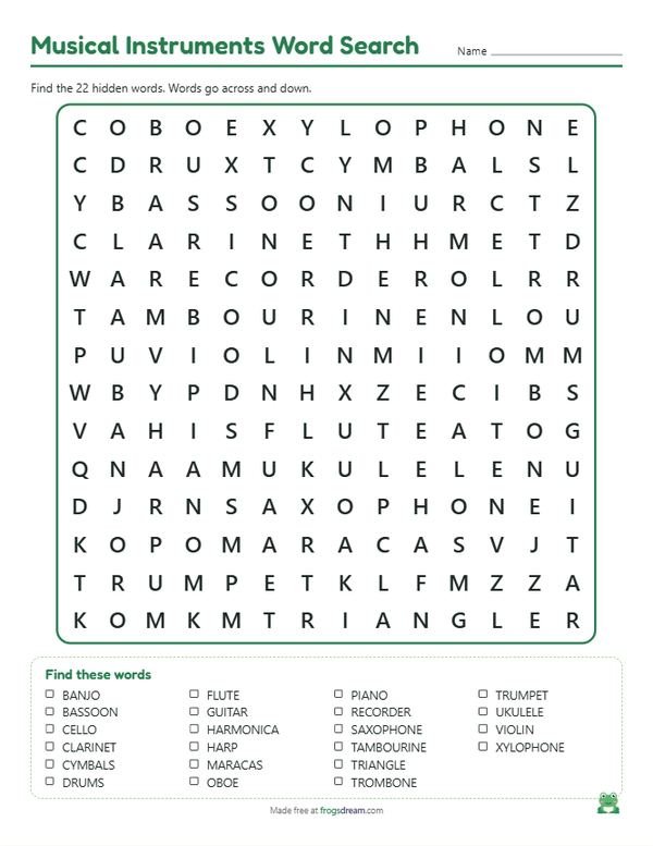 Musical Instruments Word Search: free printable word search puzzle from frogsdream