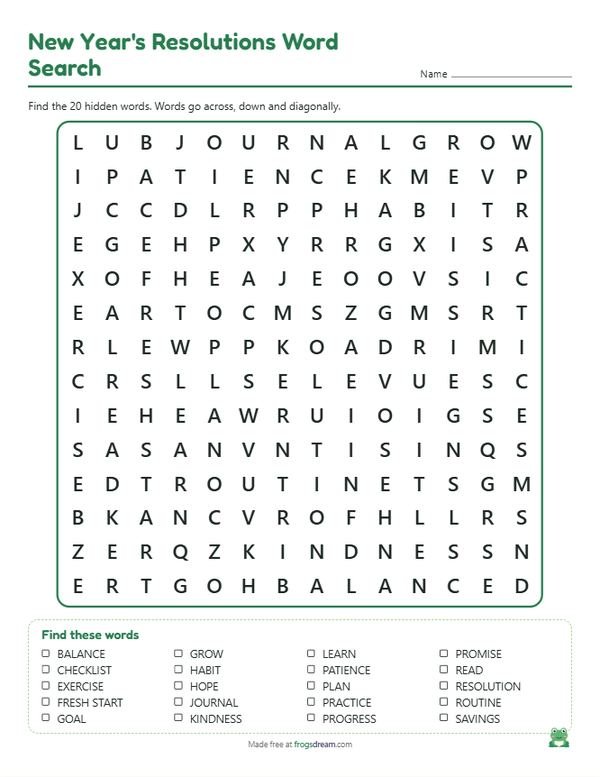 New Year's Resolutions Word Search: free printable word search puzzle from frogsdream