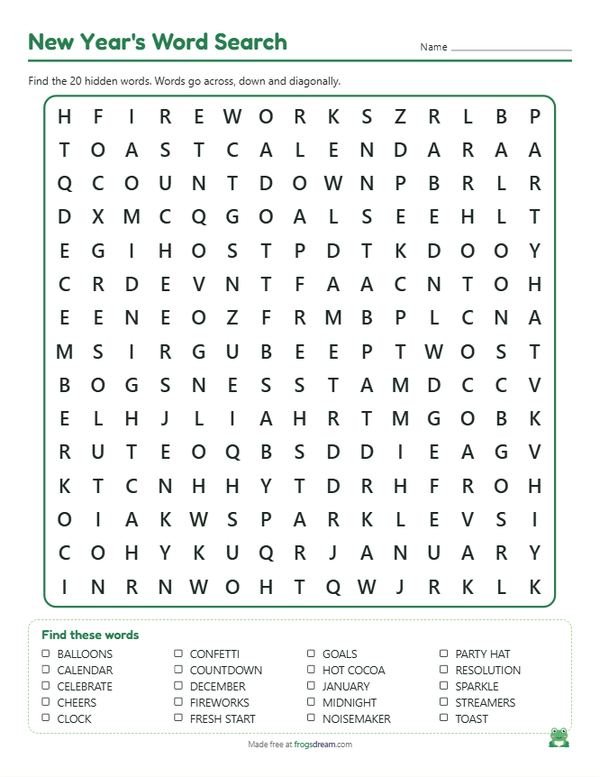 New Year's Word Search: free printable word search puzzle from frogsdream