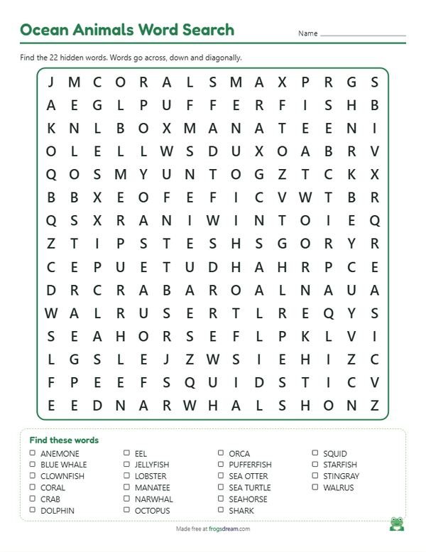 Ocean Animals Word Search: free printable word search puzzle from frogsdream
