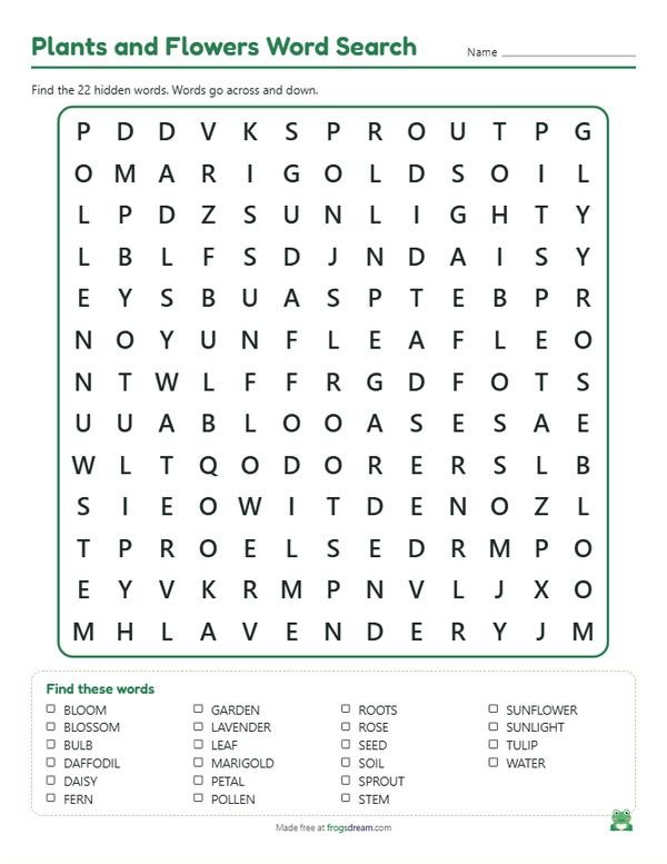 Plants and Flowers Word Search: free printable word search puzzle from frogsdream