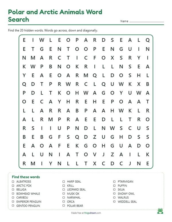 Polar and Arctic Animals Word Search: free printable word search puzzle from frogsdream