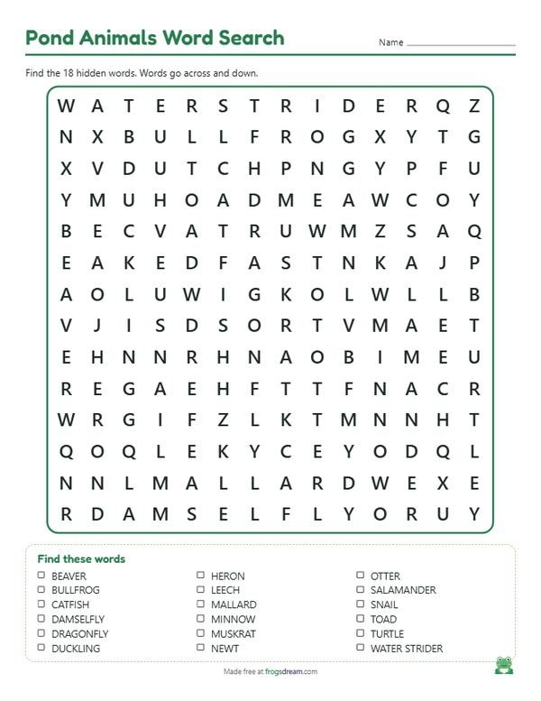 Pond Animals Word Search: free printable word search puzzle from frogsdream