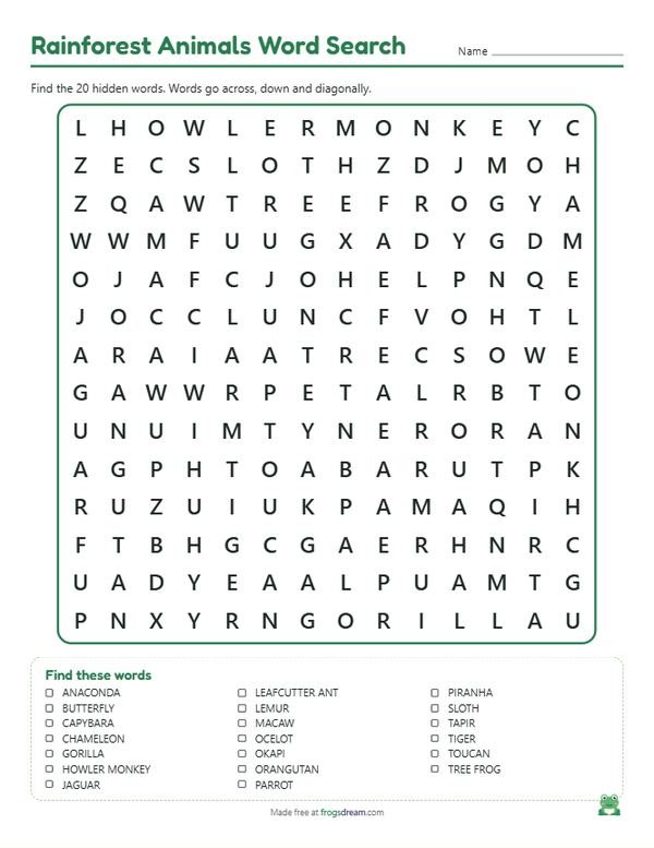 Rainforest Animals Word Search: free printable word search puzzle from frogsdream