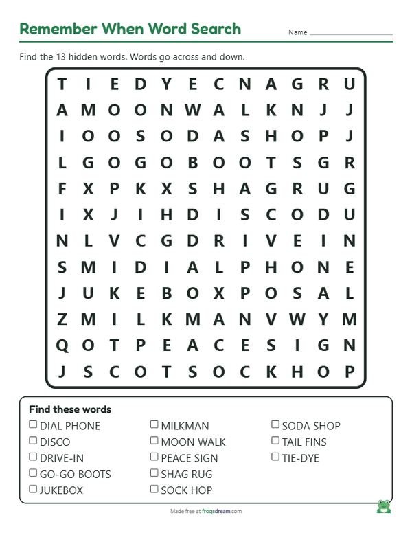 Remember When Word Search: free printable word search puzzle from frogsdream