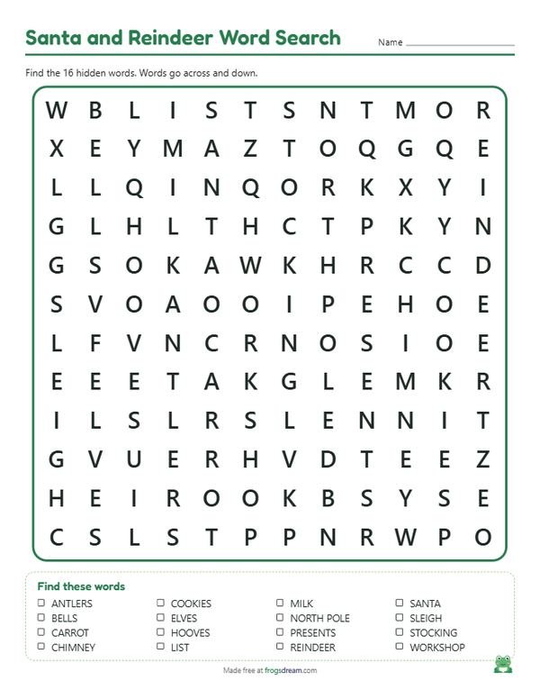 Santa and Reindeer Word Search: free printable word search puzzle from frogsdream