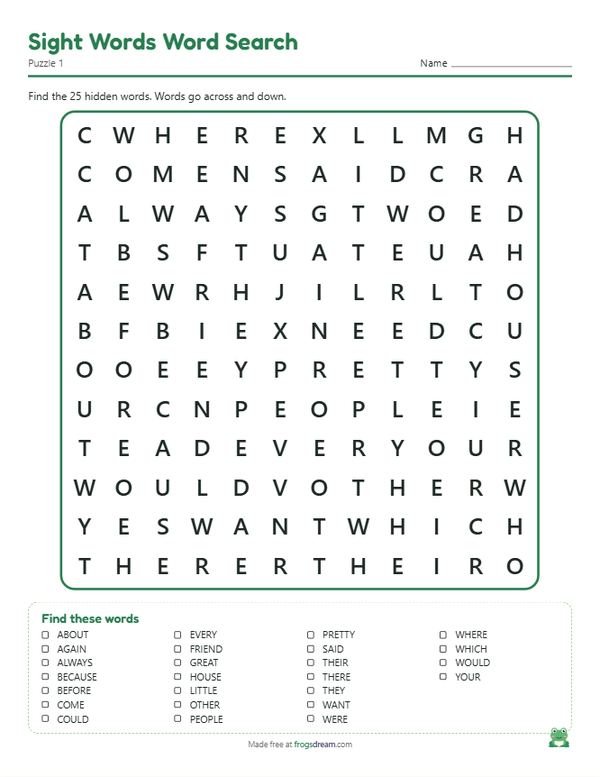 Sight Words Word Search: free printable word search puzzle from frogsdream