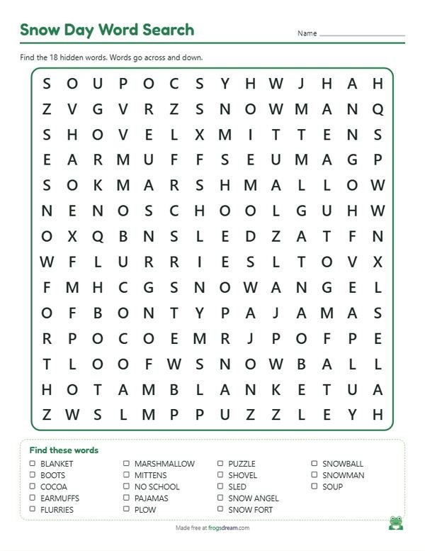 Snow Day Word Search: free printable word search puzzle from frogsdream