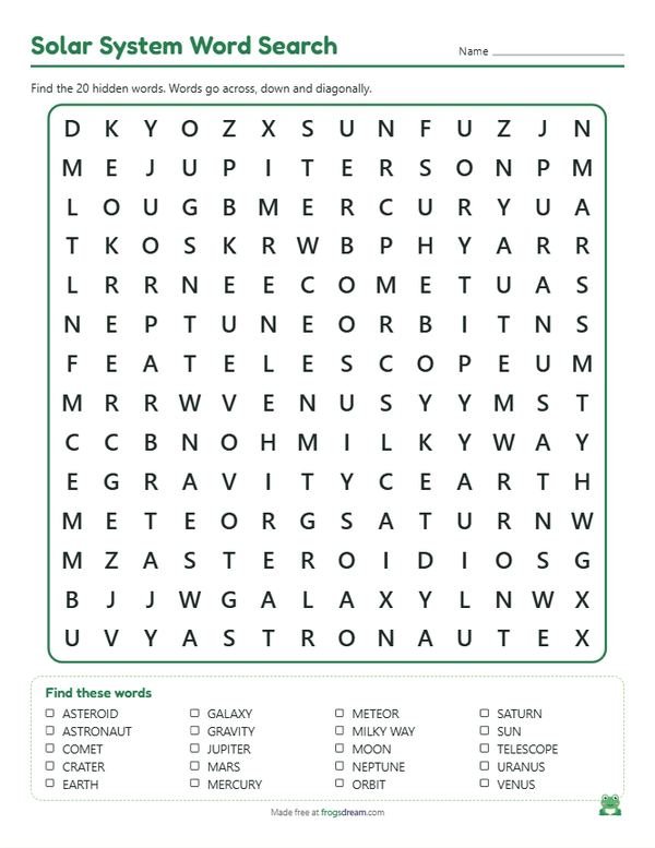 Solar System Word Search: free printable word search puzzle from frogsdream