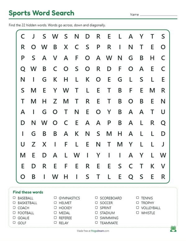 Sports Word Search: free printable word search puzzle from frogsdream