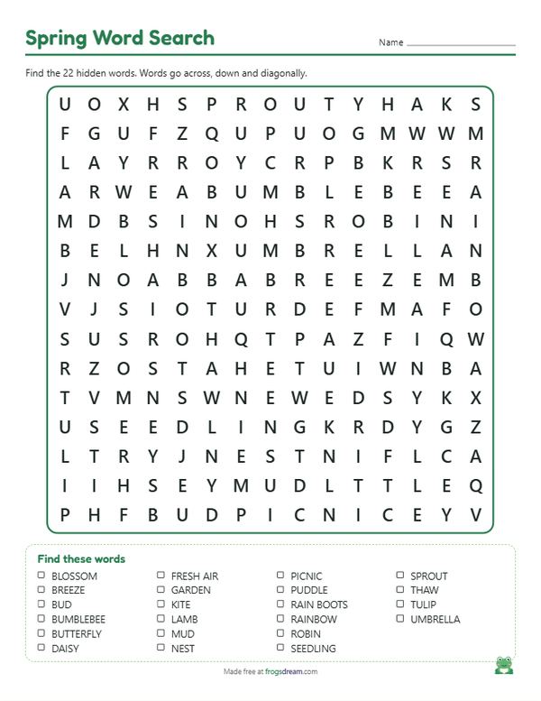 Spring Word Search: free printable word search puzzle from frogsdream