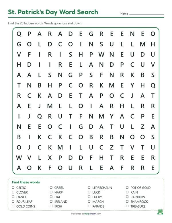 St. Patrick's Day Word Search: free printable word search puzzle from frogsdream