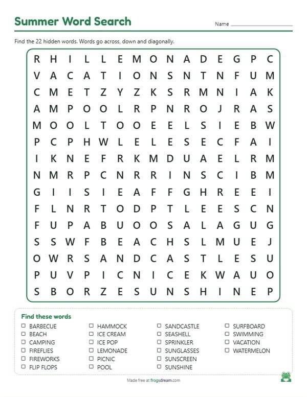 Summer Word Search: free printable word search puzzle from frogsdream