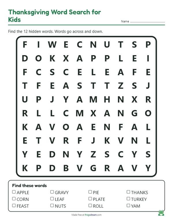 Easy Thanksgiving Word Search for Kids: free printable word search puzzle from frogsdream
